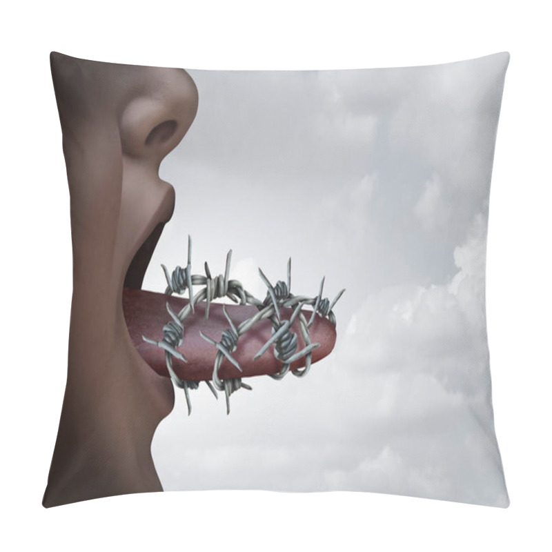 Personality  Suppression Concept And Freedom Of Speech Or Censorship In Expression Of Ideas Symbol As A Human Tongue Wrapped In Old Barbed Wire As A Metaphor To Restrain Communication In A 3D Illustration Style. Pillow Covers