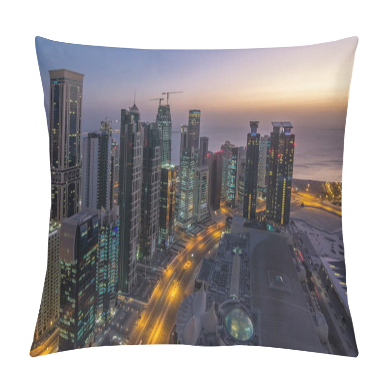 Personality  Skyline Of The West Bay Area From Top In Doha Night To Day Transition Timelapse, Qatar. Illuminated Modern Skyscrapers Aerial View From Rooftop At Morning Before Sunrise Pillow Covers