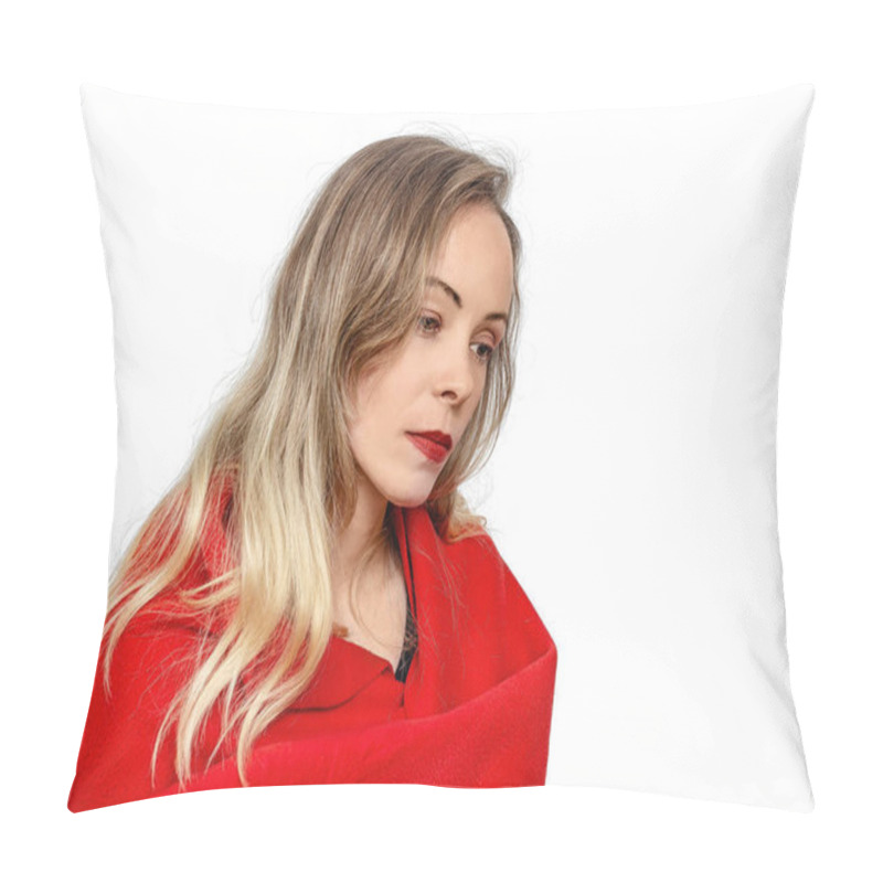 Personality  Portrait Of Thoughtful Blonde Woman Wrapped In Red Scarf, On White Background. Cozy Winter Mood Pillow Covers