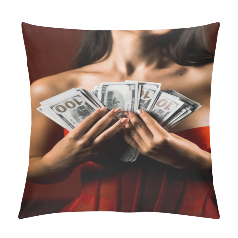 Personality  Sensational Woman In Red Bodysuit Joyfully Throwing Money In A Vibrant Setting To Celebrate Success And Happiness.Success Concept Pillow Covers