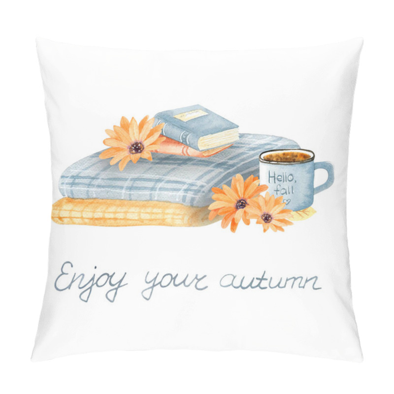 Personality  Watercolor Autumn Cozy Blanket With Books And Cup Of Coffee. Chekered Fall Plaid And Orange Flowers. Autumn Atmosphere Pillow Covers