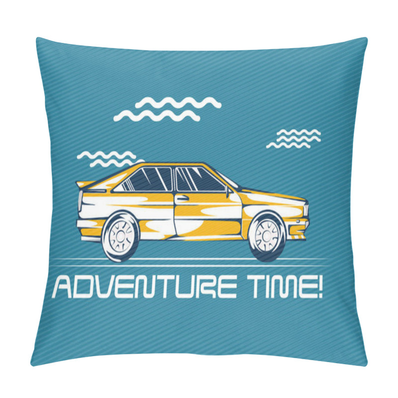 Personality  Let's Travel Concept Poster With Retro Vehicle, Palms And Sunrise Vector Illustration. Vintage Poster Style Pillow Covers