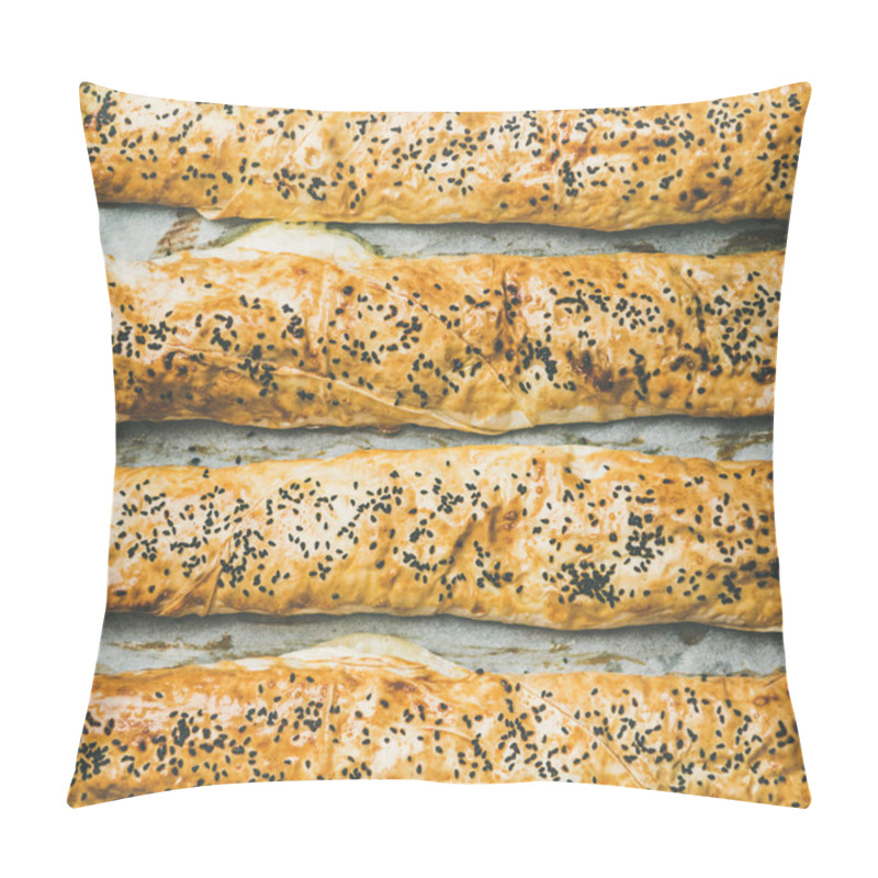 Personality  Freshly Baked Turkish Borek Pastry Rolls With Spinach, Feta Cheese And Black Cumin Seeds Over Baking Tray Pillow Covers