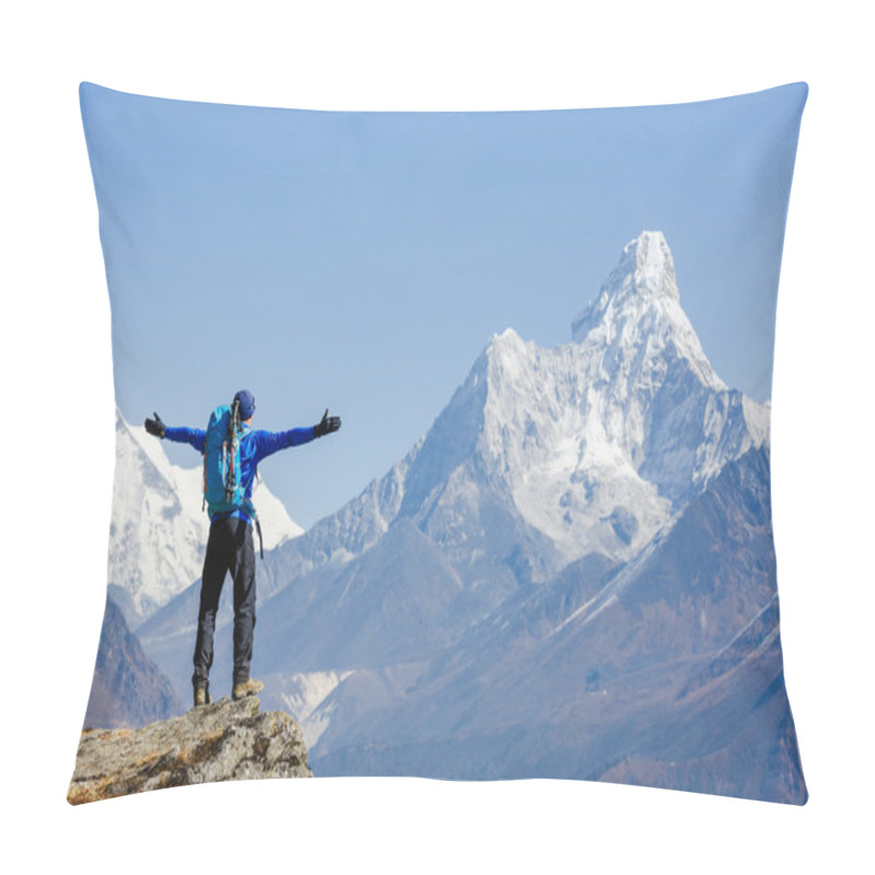 Personality  Hiker Enjoying The View On The Everest Trek In Himalayas, Ama Dablam Mountain View, Nepal Pillow Covers