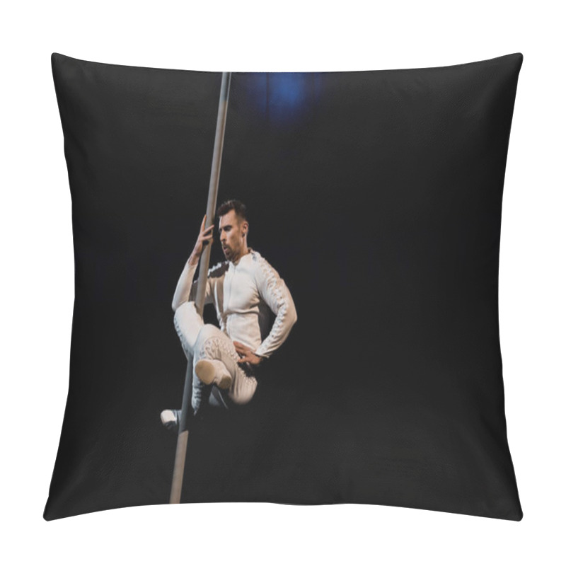 Personality  Handsome And Strong Acrobat With Hand On Hip Performing On Metallic Pole  Pillow Covers