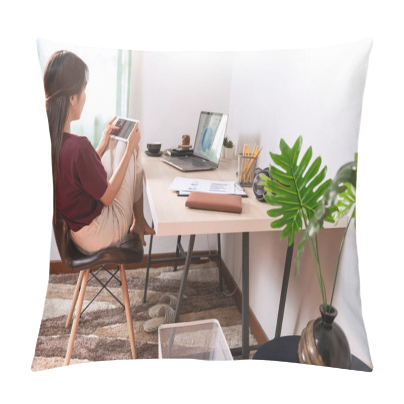 Personality  Attractive Young Beautiful Asian Woman Entrepreneur Or Freelancer Working At Home With Laptop Business Reports And Online Communications On Living Room Sofa, Working Remotely Access Concept Pillow Covers