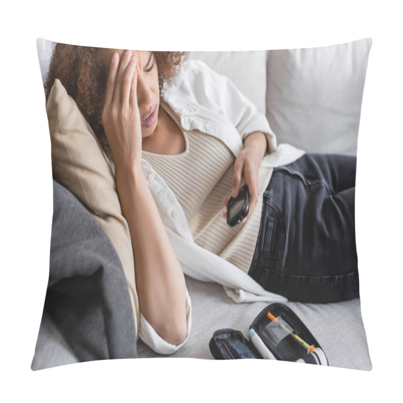 Personality  African American Woman With Diabetes Touching Head And Holding Glucometer On Couch  Pillow Covers