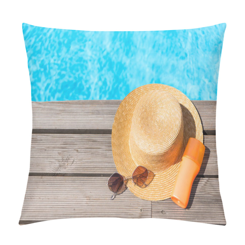 Personality  Top View Of Wicker Hat, Sunglasses And Sunscreen Near Swimming Pool   Pillow Covers