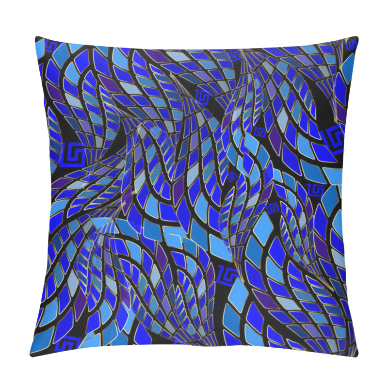 Personality  3d Bright Blue Modern Greek Key Meander Vector Seamless Pattern. Wavy Lines, Squares, Geometric Half Tone Shapes. Mosaic Abstract Creative Background. Elegant Trendy Decorative Design. Endless Texture Pillow Covers