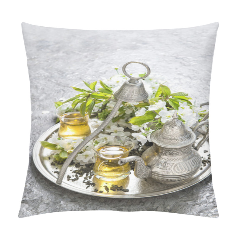 Personality  Tea Glasses And Pot. Oriental Silver Tableware. Flowers Decorati Pillow Covers