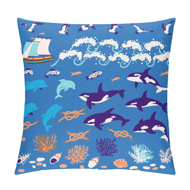 Personality  Nautical Cartoon Set: Dolphins, Whales-killers, Fish, Seagull, C Pillow Covers