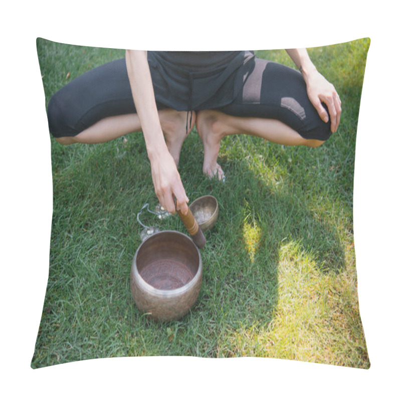 Personality  Cropped Image Of Woman Squatting And Making Sound With Tibetan Singing Bowls Pillow Covers