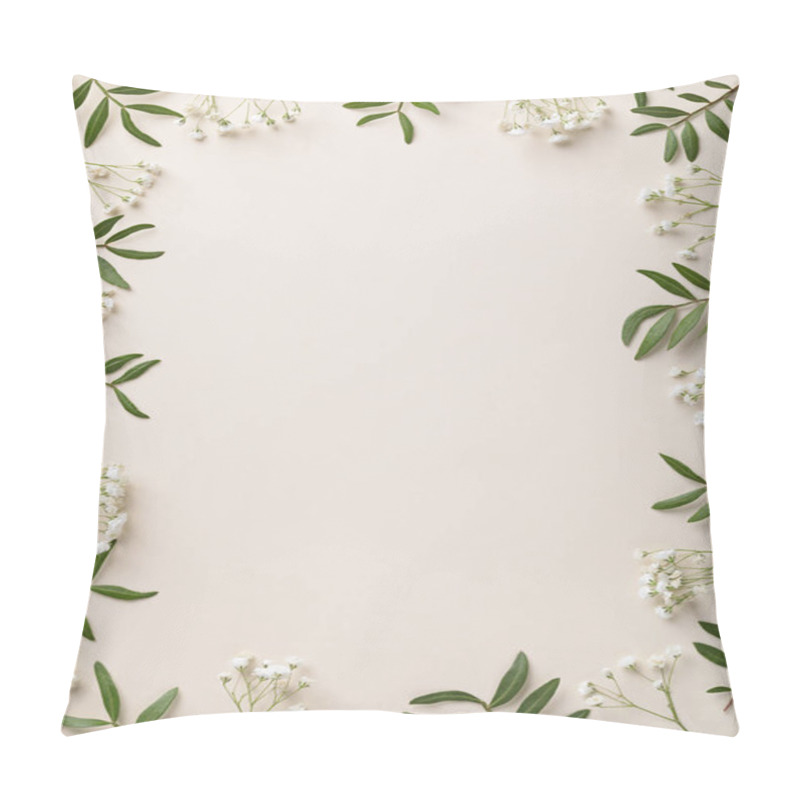 Personality  Frame Of White Flowers And Green Leaves On Biege White Background Pillow Covers