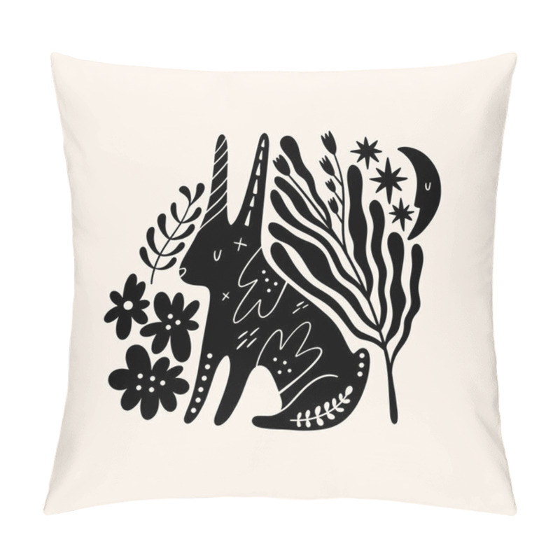 Personality  Hare Or Bunny Woodland Animal Drawing In Ornate Rural Folk Scandinavian Style. Pillow Covers