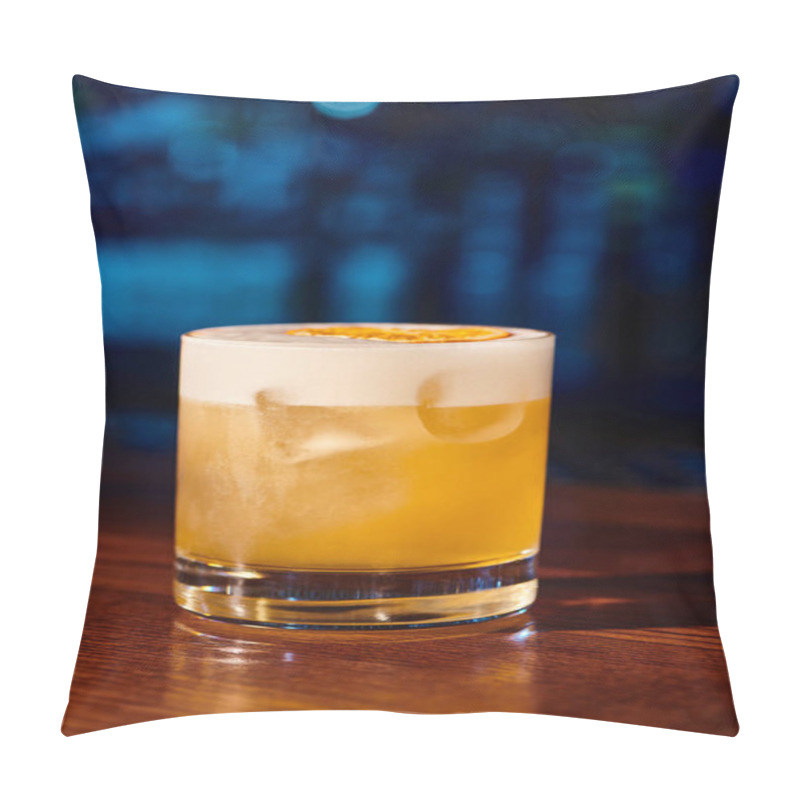 Personality  Icy Glass Of Zesty Whiskey Sour With Lemon Garnishing With Bar On Background, Concept Pillow Covers