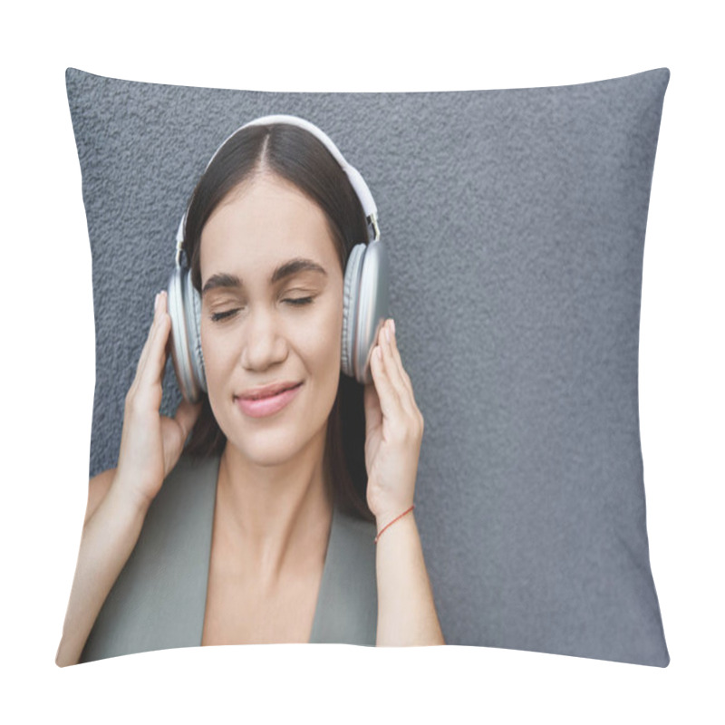 Personality  A Young Brunette Woman With Headphones Blissfully Immerses Herself In Music Outdoors, Reveling In Nature's Calmness. Pillow Covers