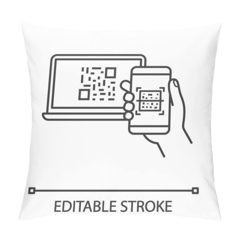 Personality  QR Code Scanning Smartphone App Linear Icon. Barcode Authorization. Mobile Phone Reading Barcode On PC. Code Displayed On Laptop Scan With Smartphone. Vector Isolated Outline Drawing. Editable Stroke Pillow Covers