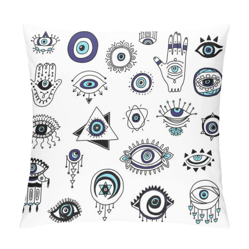 Personality  Set Of Evil Eyes And Fatima Hands Icons Cartoon Vector Illustration Isolated. Pillow Covers