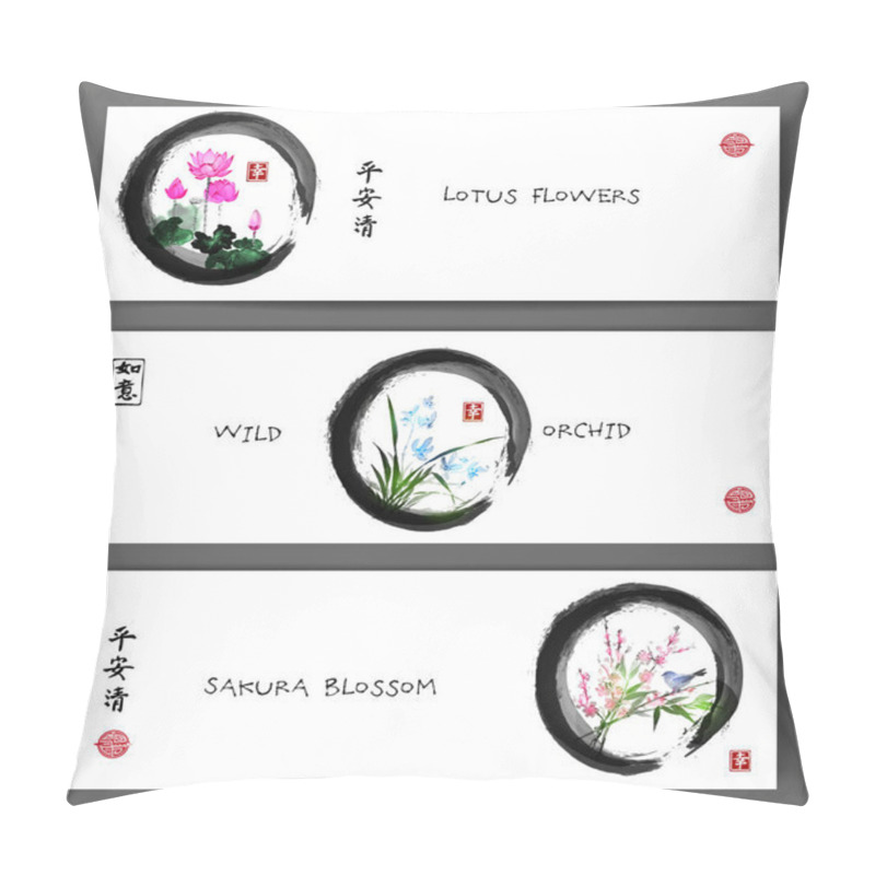 Personality  Three Banners With Lotus And Orchid With Sakura Pillow Covers