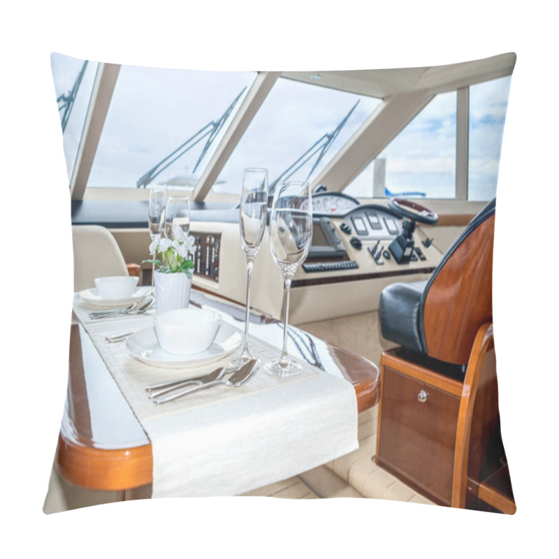 Personality  Luxury Lunch Table Setting On A Yacht Interior Comfortable Design For Holiday Recreation Tourism Travel And Vacation Concept Pillow Covers