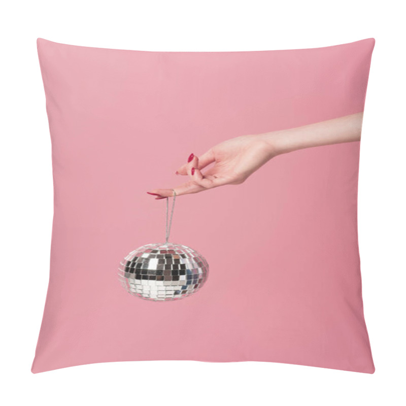 Personality  Partial View Of Woman With Red Manicure Holding Disco Ball Isolated On Pink  Pillow Covers