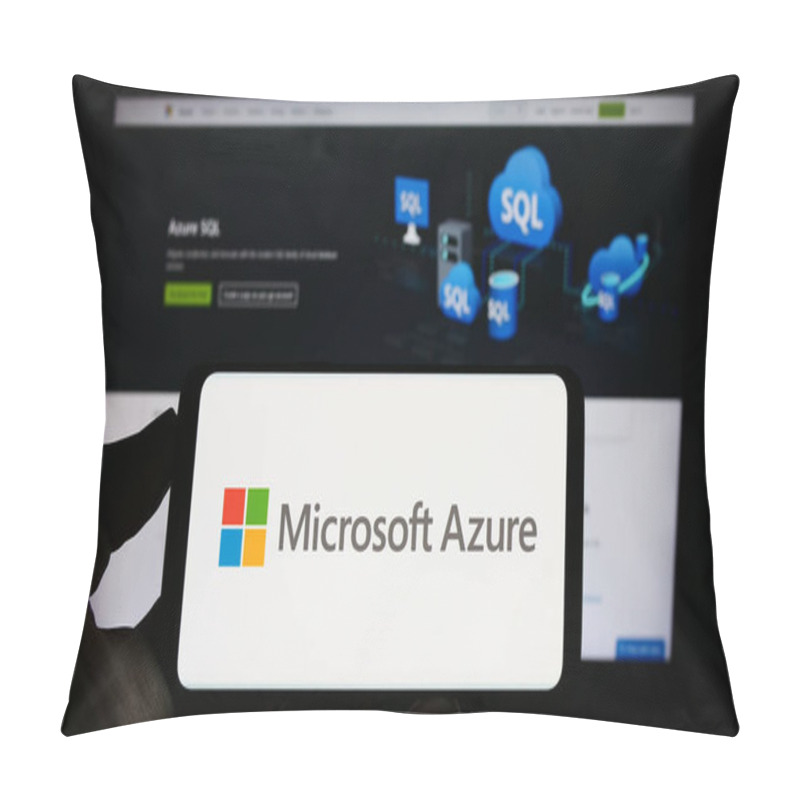 Personality  Stuttgart, Germany - 07-11-2023: Person Holding Cellphone With Logo Of Cloud Computing Platform Microsoft Azure On Screen In Front Of Business Webpage. Focus On Phone Display. Pillow Covers