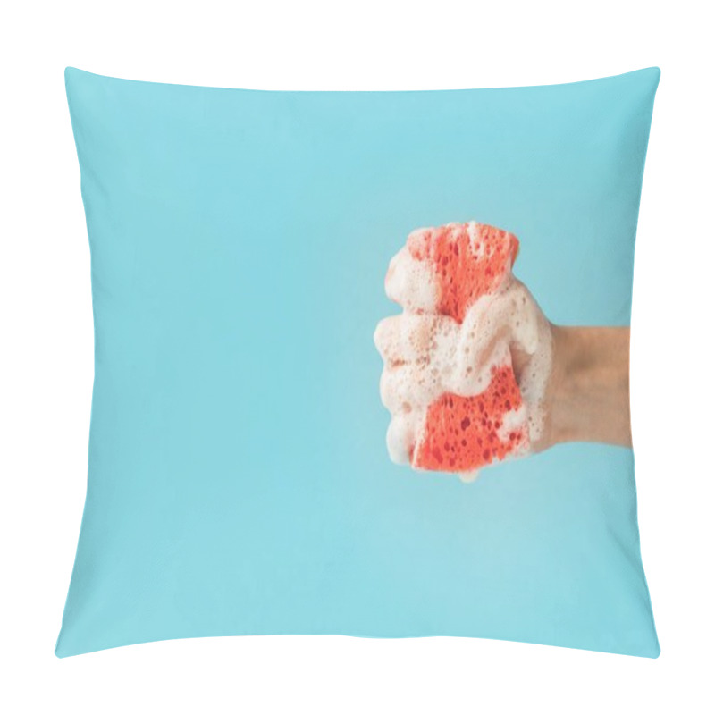 Personality  Cropped View Of Hand Holding Washing Sponge With Foam, Isolated On Blue Pillow Covers