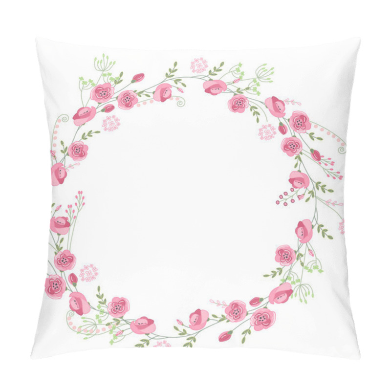 Personality  Detailed Contour Wreath With Herbs, Roses And Wild Flowers Isolated On White. Round Frame For Your Design Pillow Covers