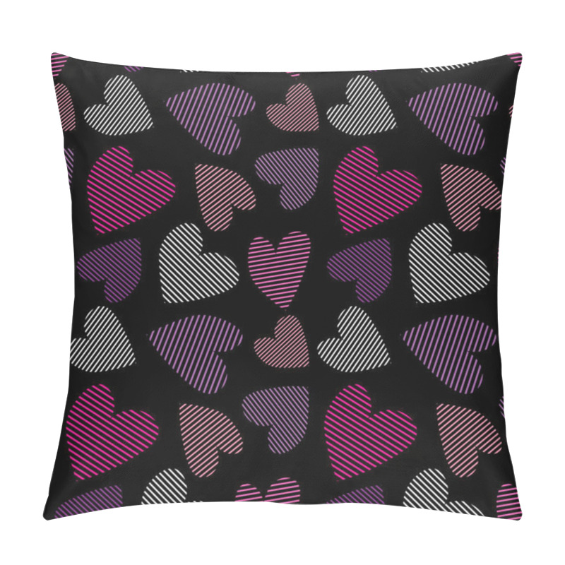 Personality  Multicolored Striped Hearts Are Scattered In Random Order. Seamless Pattern. Design For Fabric, Background Or Wrapping Paper Pillow Covers