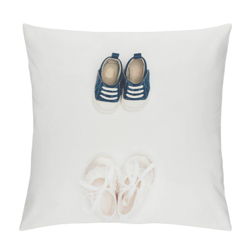 Personality  Top View Of Two Pairs Of Baby Shoes Isolated On White Pillow Covers