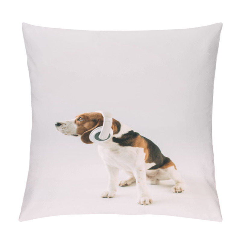 Personality  Cute Beagle Dog Wearing Headphones Isolated On Grey Pillow Covers