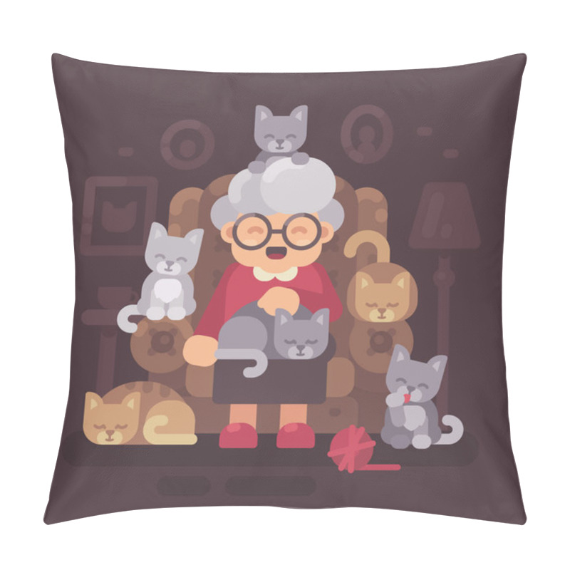 Personality  Cute Granny Sitting In Armchair With Her Cats. Old Cat Lady With Five Kittens Flat Illustration Pillow Covers