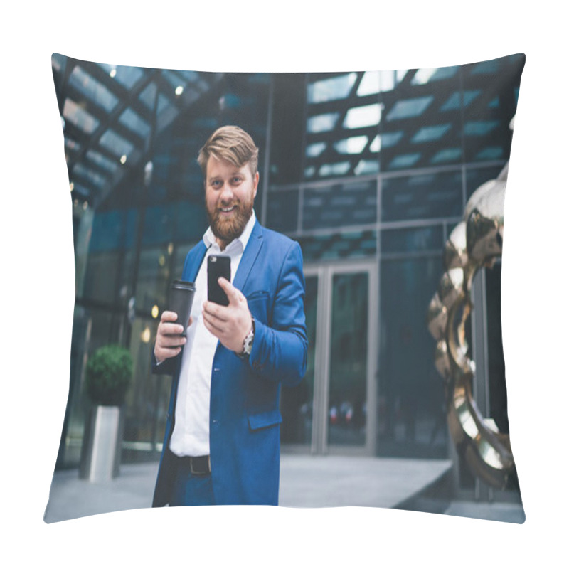 Personality  Half Length Portrait Of Cheerful Male Entrepreneur With Takeaway Cup With Tasty Caffeine Beverage Using Cellphone Application For Checking Financial News On Website, Concept Of Business People Pillow Covers