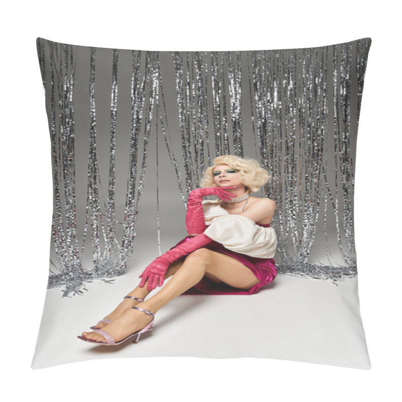 Personality  A Vibrant Drag Artist Showcases Their Stylish Outfit And Poses Dynamically. Pillow Covers