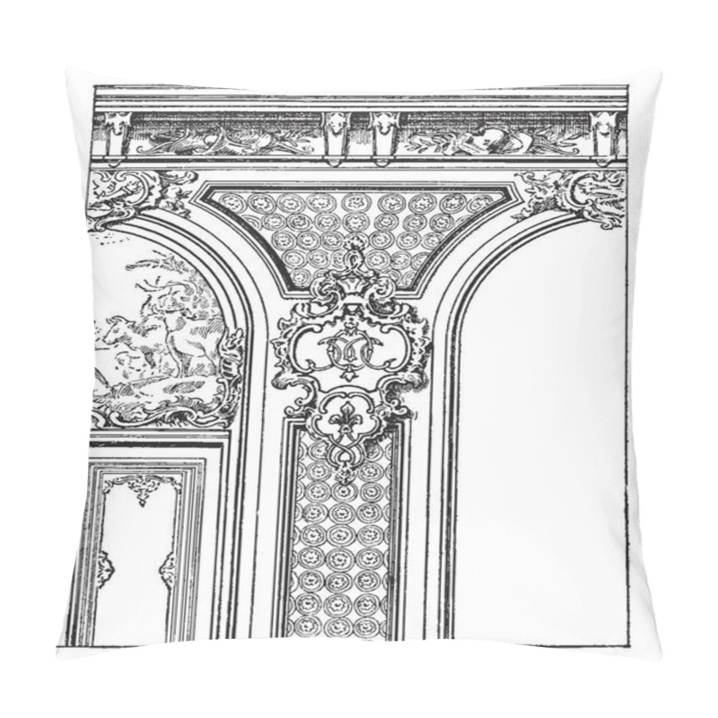 Personality  Regency Style Is History Of The Fine Arts In France In Classical Buildings Built In Britain During The Regency Era In The Early 19th Century, Vintage Line Drawing Or Engraving Illustration. Pillow Covers