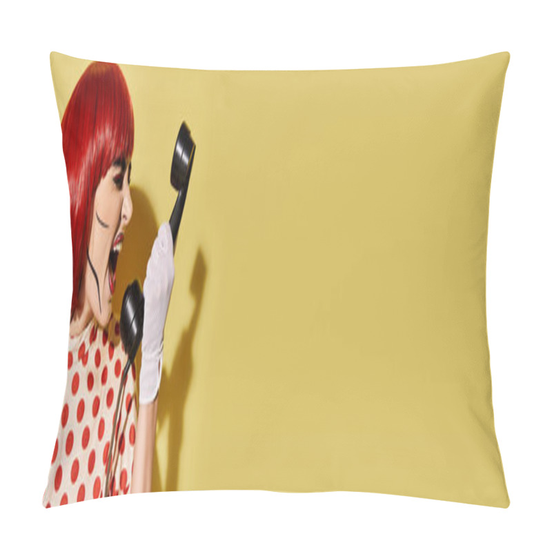 Personality  A Creative Redhead Woman With Pop Art Makeup Holds Phone In A Playful Manner On A Bright Yellow Background. Pillow Covers