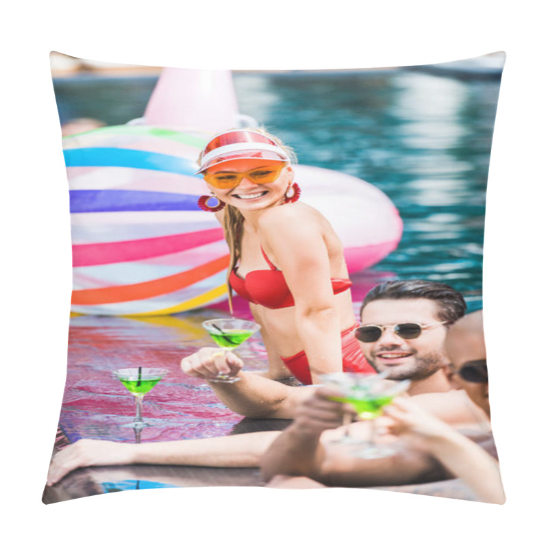 Personality  Smiling Woman Looking At Friends With Cocktails Near Poolside  Pillow Covers