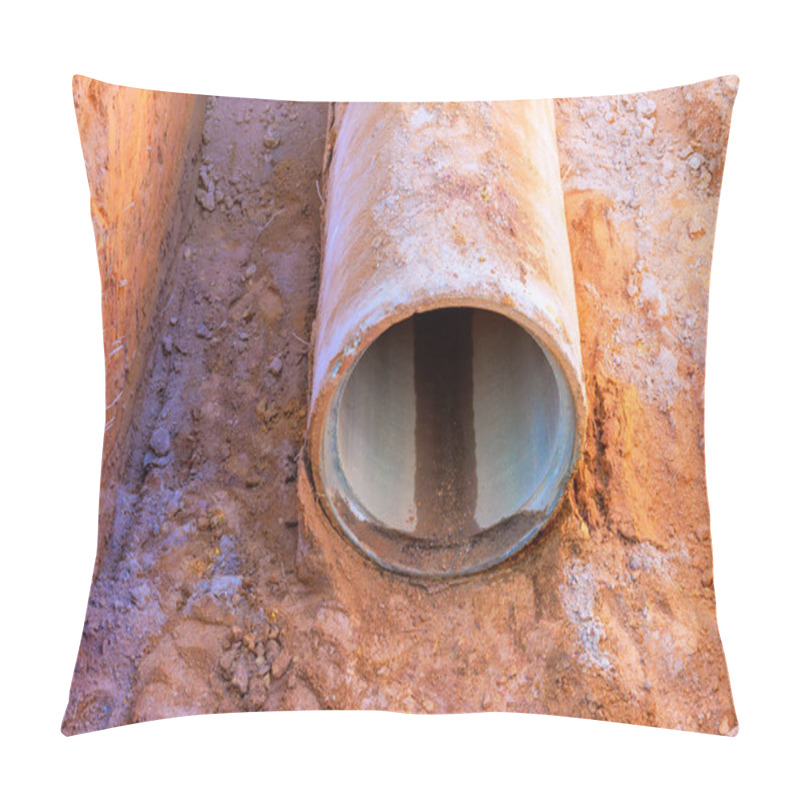 Personality  Exposed Concrete Pipe Rests In Dirt, Surrounded By Soil, Gravel At Construction Site. Pillow Covers