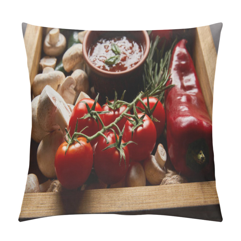 Personality  Selective Focus Of Cherry Tomatoes, Mushrooms, Tomato Sauce Near Rosemary And Red Chili Pepper In Wooden Box  Pillow Covers