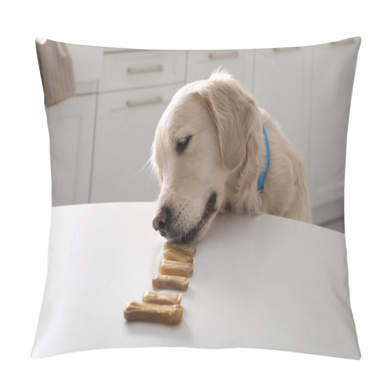 Personality  Cute Golden Retriever Eating Dog Biscuits At Table In Kitchen Pillow Covers