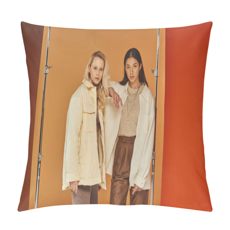 Personality  Fall Fashion, Young Interracial Models In Autumn Clothes Posing On Pastel Multicolored Backdrop Pillow Covers