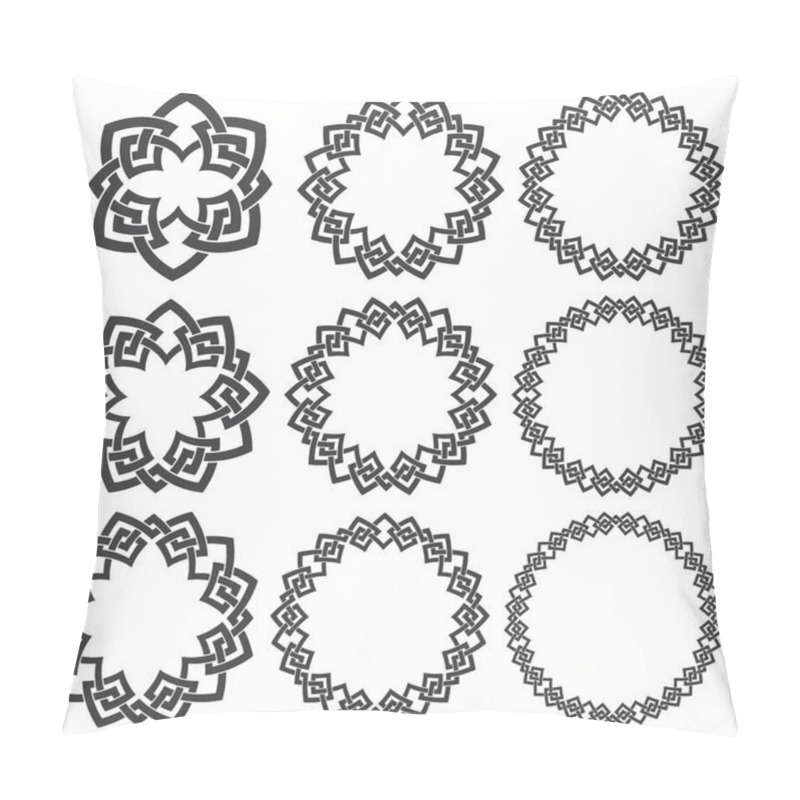 Personality  Set Of Round Frames. Nine Decorative Elements For Logo Design With Stripes Braiding Borders. Black Lines On White Background. Pillow Covers