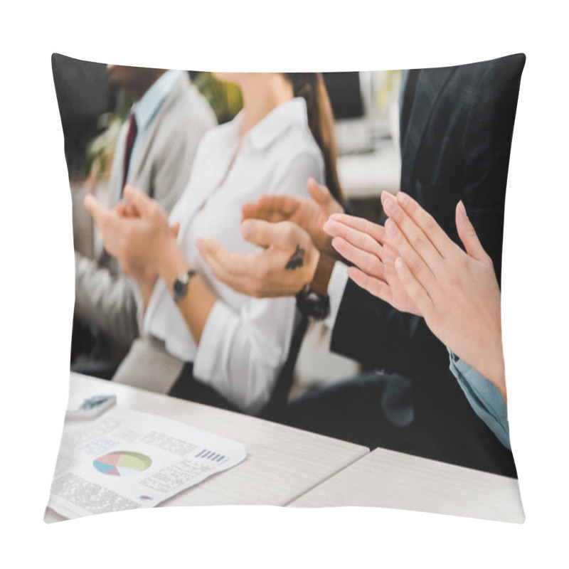 Personality  Partial View Of Multiracial Businesspeople Applauding To Speaker In Office Pillow Covers