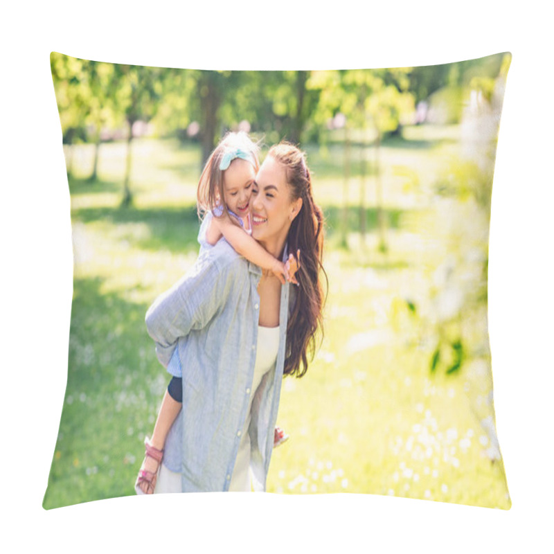 Personality  Family, Motherhood And People Concept - Happy Mother With Little Daughter Having Fun At Summer Park Pillow Covers