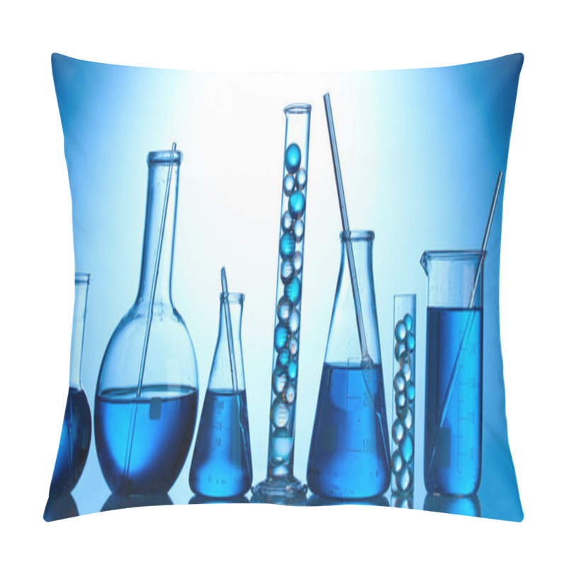 Personality  Test-tubes With Blue Liquid On Blue Background Pillow Covers