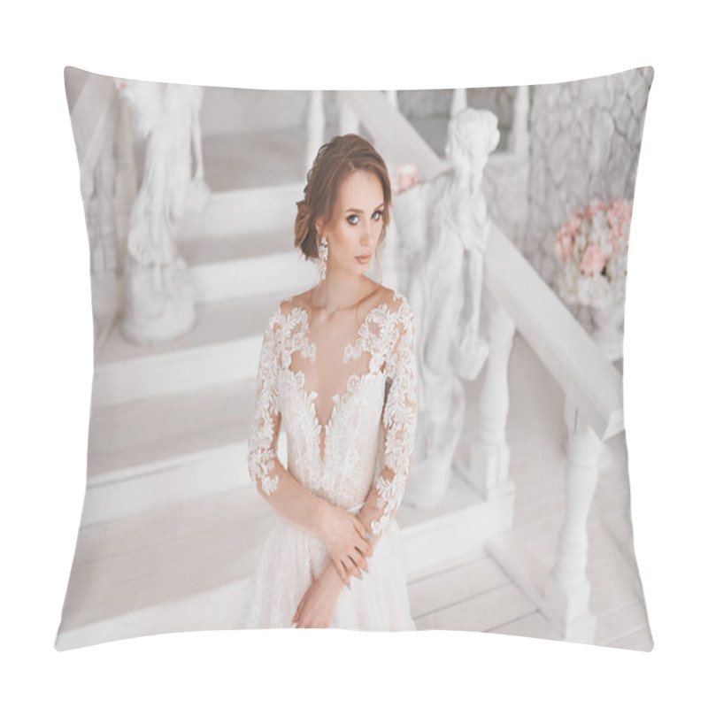 Personality  A Beautiful Girl Is Standing In A Wedding Dress. Photoshoot In White. Stylish Photo Shoot Of The Bride Pillow Covers