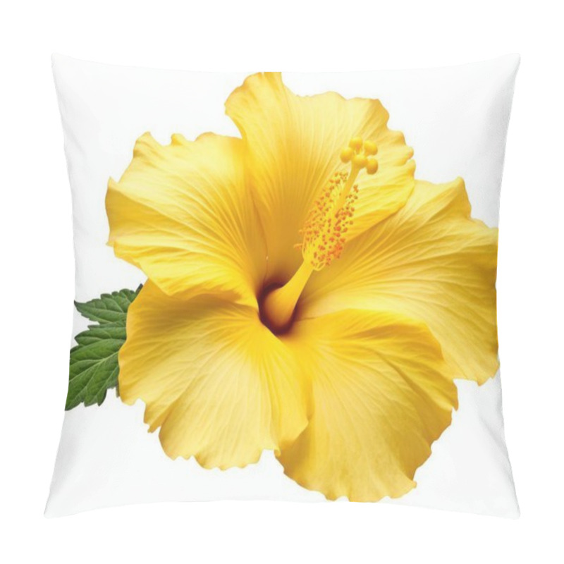 Personality  A Vibrant Yellow Hibiscus Flower With Delicate Petals And A Lush Green Leaf. Pillow Covers