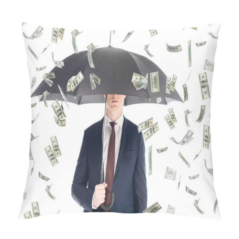 Personality  Businessman In Suit With Obscure Face And Umbrella Under Money Rain Pillow Covers