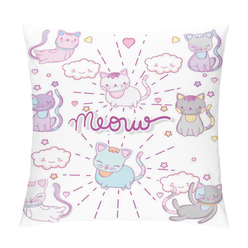 Personality  Cute Cats With Kawaii Clouds And Herts Vector Illustration Pillow Covers