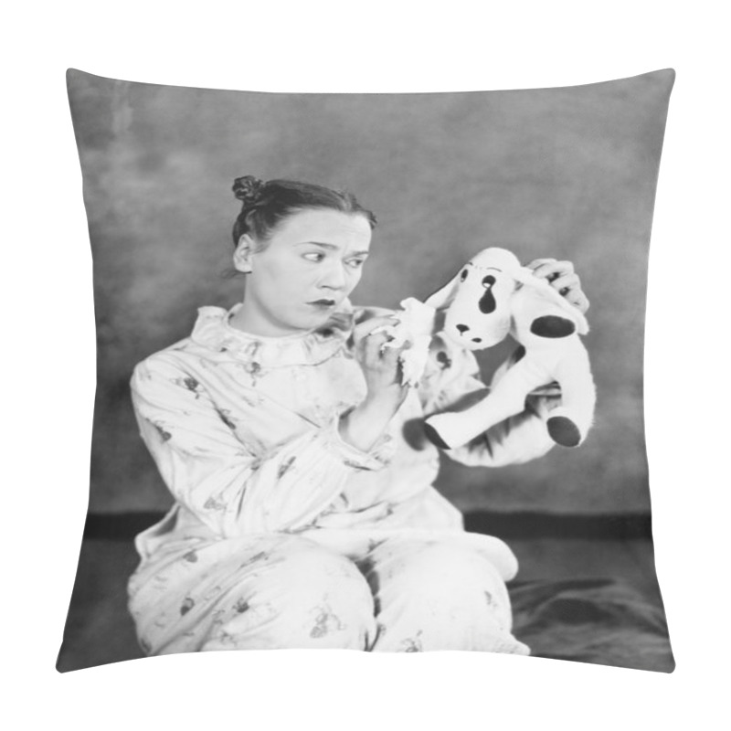 Personality  Immature Woman Looking At Her Toy Dog Pillow Covers